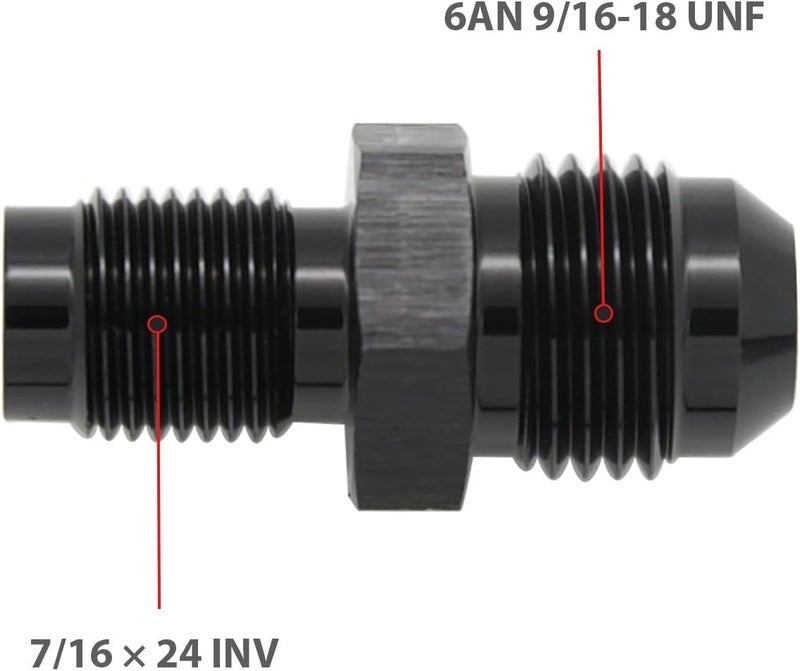 KRD PERFORMANCE Aluminum -6AN AN6 Male Flare to 7/16 x 24 Male Thread Inverted Seat Adaptor Fittings Inv Flare Connector, Black, Pack of 2 - Image 2